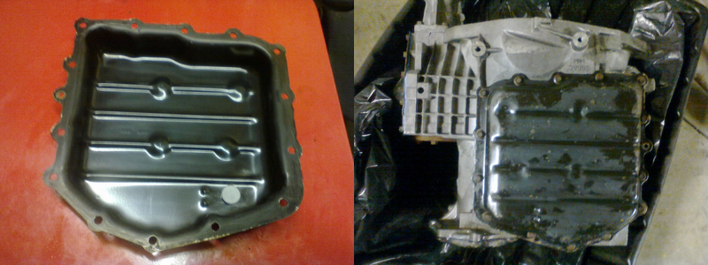 After cleaning out the pan (and the magnetic disc in the corner), we can bolt it to the transmission. Again, no gasket. Just RTV & proper torque.